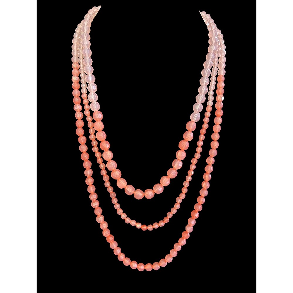 Vintage Pink Lucite Coral Ombre Triple Strand Faceted Bead Statement Necklace